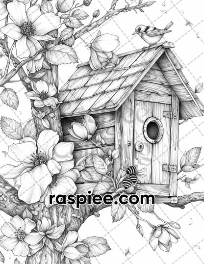 70 Enchanted Birdhouses Grayscale Adult Coloring Pages, Printable PDF Instant Download