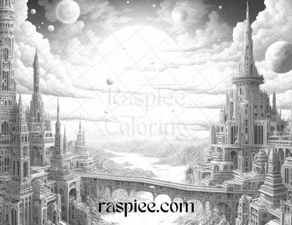 55 Celestial Landscapes Grayscale Coloring Pages Printable for Adults, PDF File Instant Download