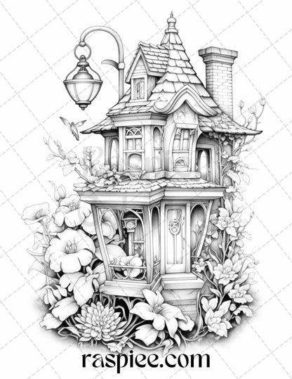50 Lantern Fairy Houses Grayscale Coloring Pages Printable for Adults, PDF File Instant Download