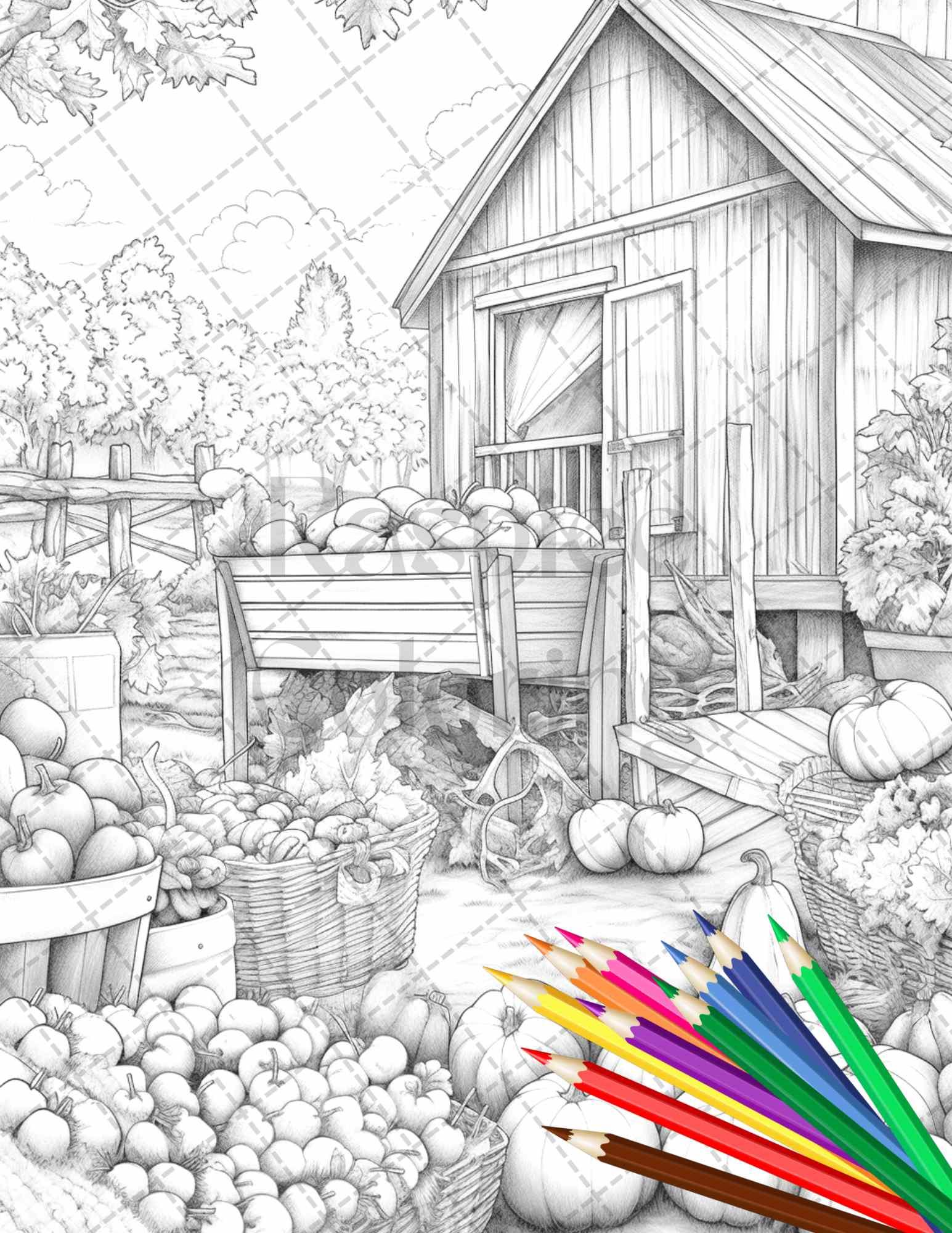 Autumn Harvest Grayscale Coloring Pages Printable for Adults, Relaxing Fall Themed Art, PDF File Instant Download