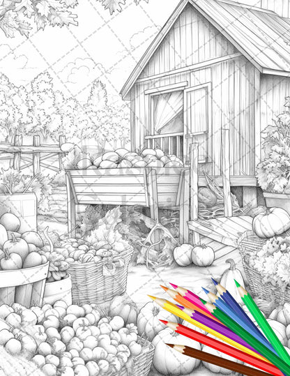 Autumn Harvest Grayscale Coloring Pages Printable for Adults, Relaxing Fall Themed Art, PDF File Instant Download