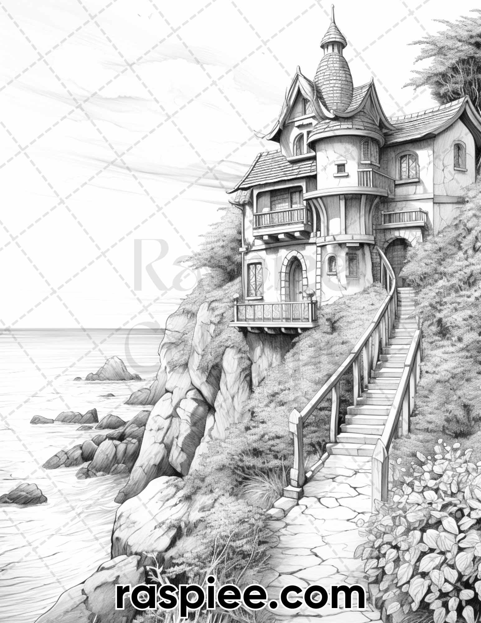 50 Fairy Beach Houses Grayscale Coloring Pages for Adults, Printable PDF Instant Download