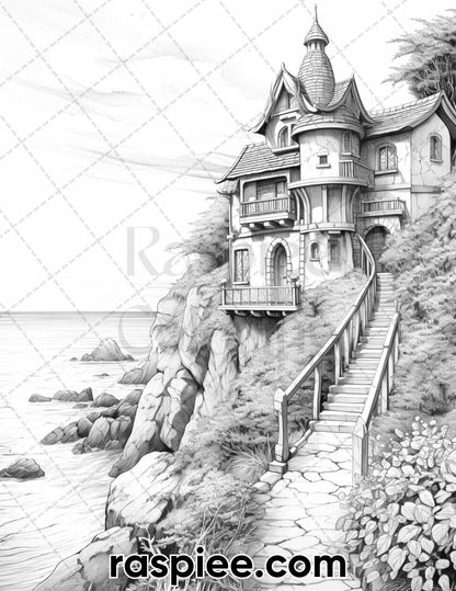 50 Fairy Beach Houses Grayscale Coloring Pages for Adults, Printable PDF Instant Download