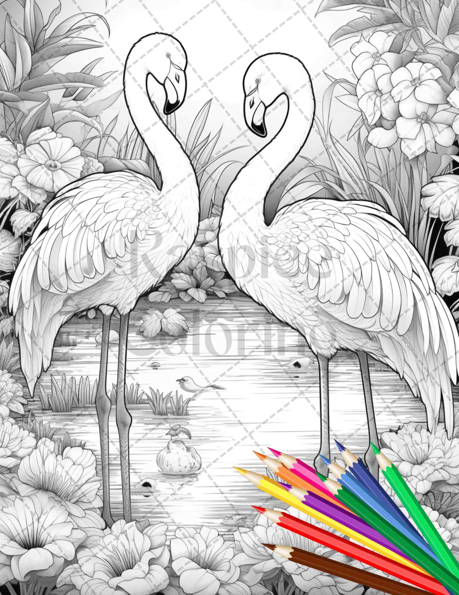Flamingo Oasis Grayscale Coloring Pages Printable for Adults, PDF File Instant Download