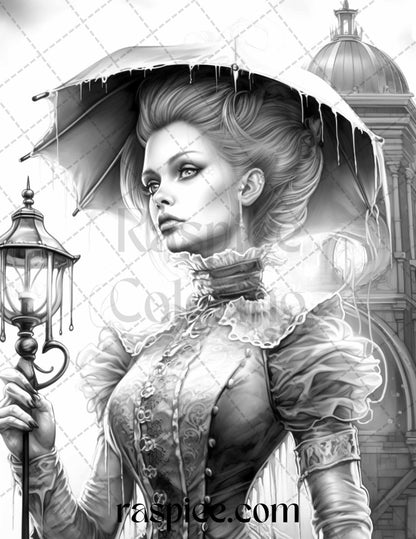 60 Halloween Victorian Era Grayscale Coloring Pages Printable for Adults, PDF File Instant Download