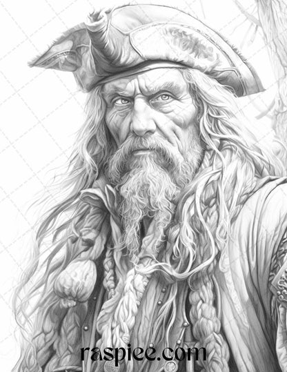 60 Pirate Life Grayscale Coloring Pages Printable for Adults, Stress Relief Coloring, PDF File Instant Download