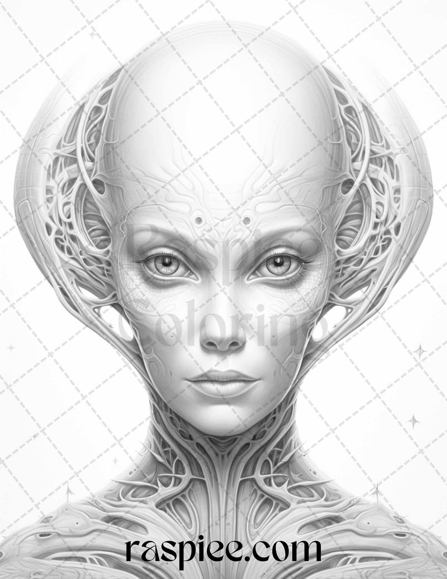65 Alien Portrait Grayscale Coloring Pages for Adults, Printable PDF File Instant Download