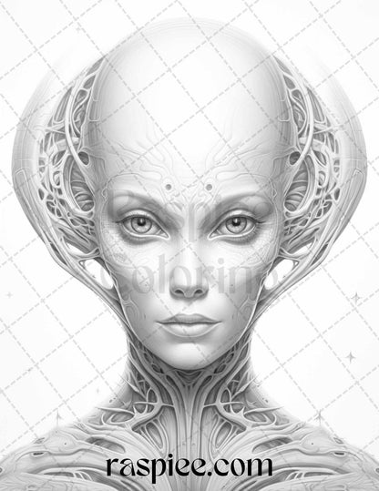 65 Alien Portrait Grayscale Coloring Pages for Adults, Printable PDF File Instant Download