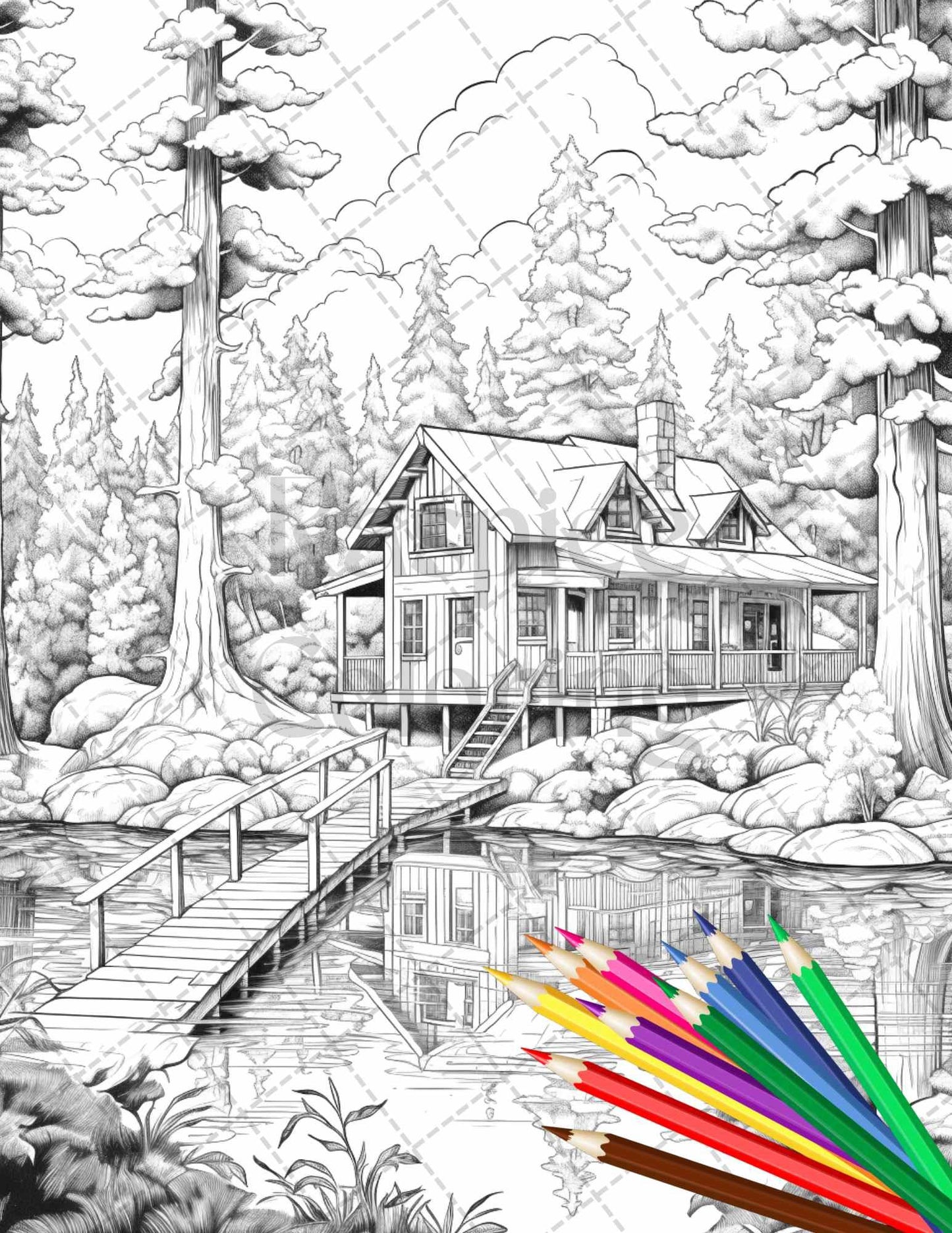 Lake Cabin Scenery Grayscale Coloring Pages Printable for Adults, PDF File Instant Download