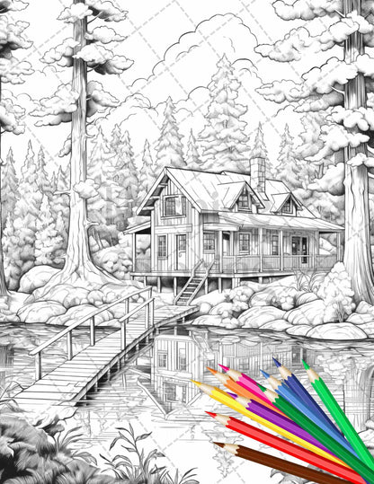 Lake Cabin Scenery Grayscale Coloring Pages Printable for Adults, PDF File Instant Download