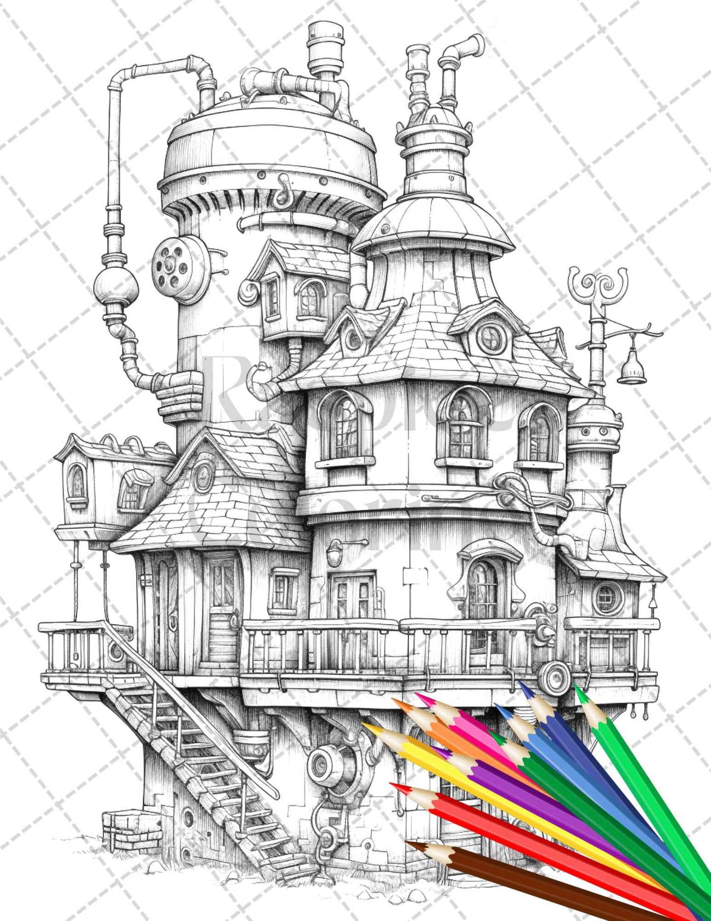 50 Steampunk Houses Grayscale Coloring Pages Printable for Adults, PDF File Instant Download