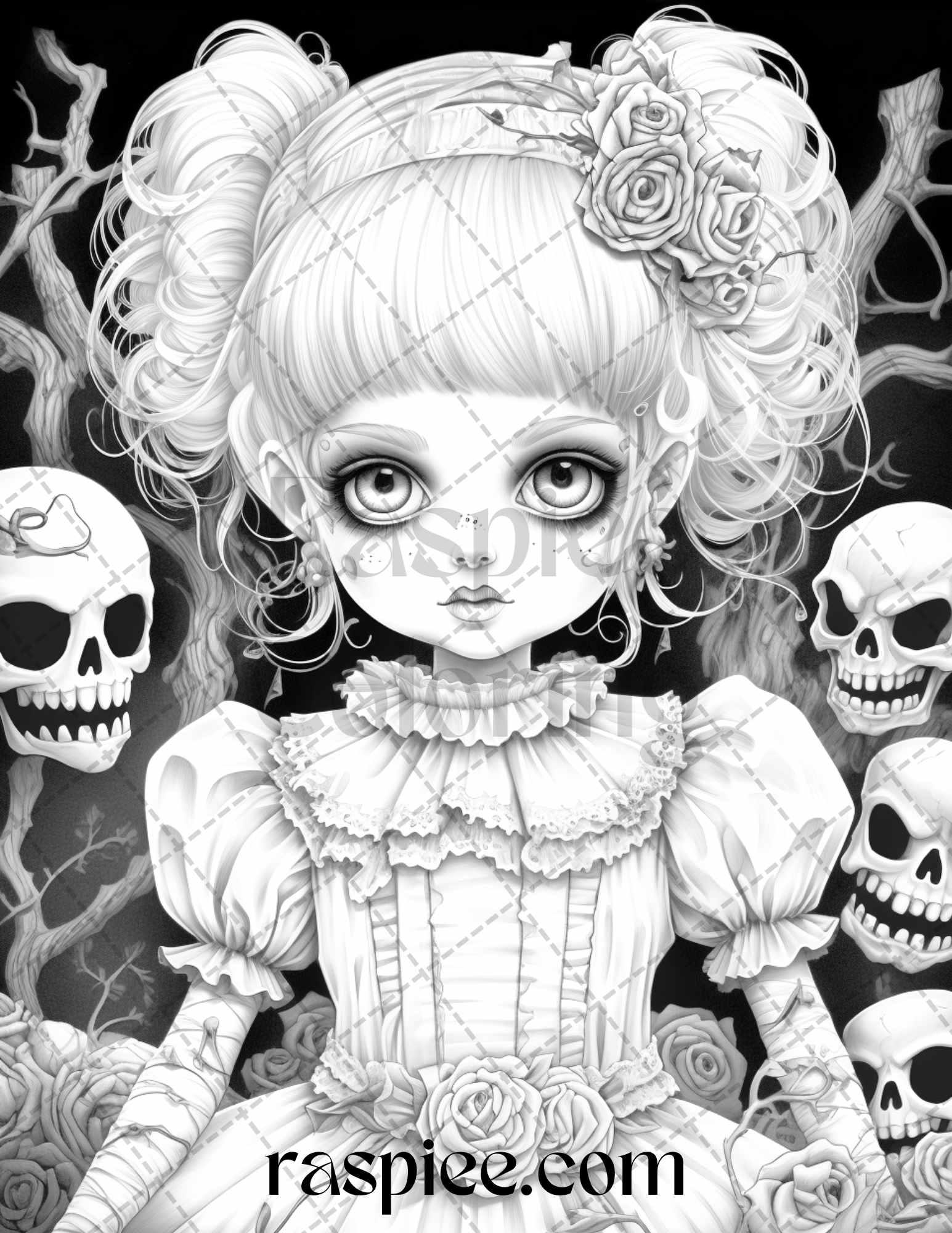 50 Scary Victorian Dolls Grayscale Coloring Pages Printable for Adults, PDF File Instant Download