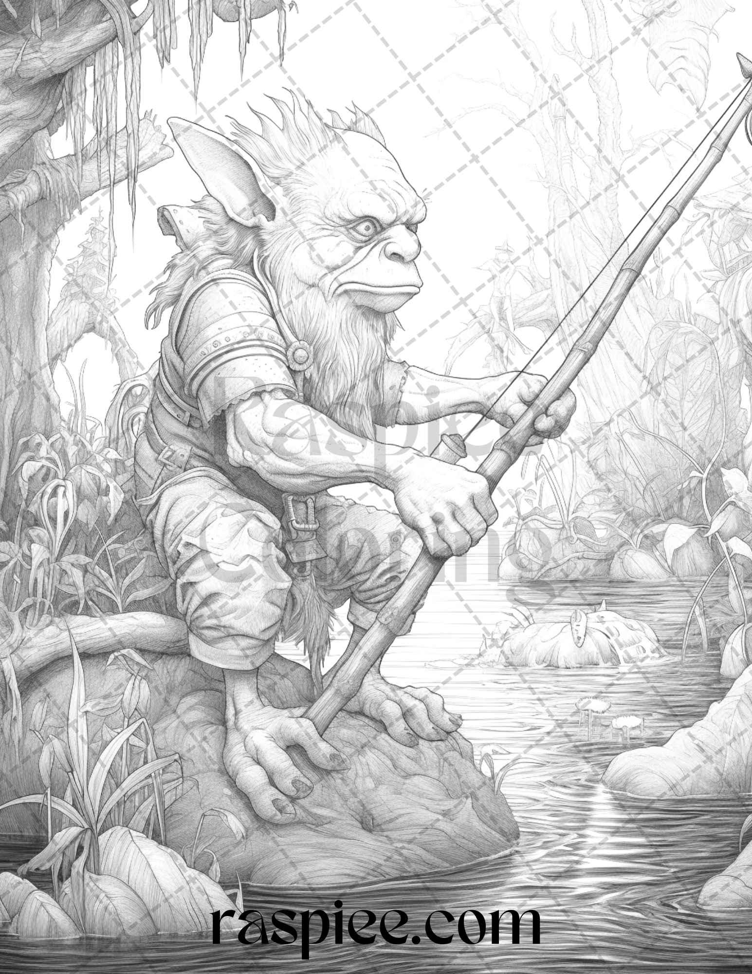 Fantasy Goblins Grayscale Coloring Pages Printable for Adults, PDF File Instant Download