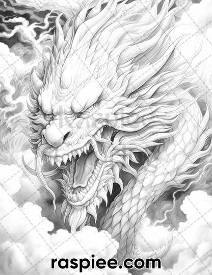 60 Mythical Creatures Grayscale Coloring Pages for Adults, Printable PDF Instant Download