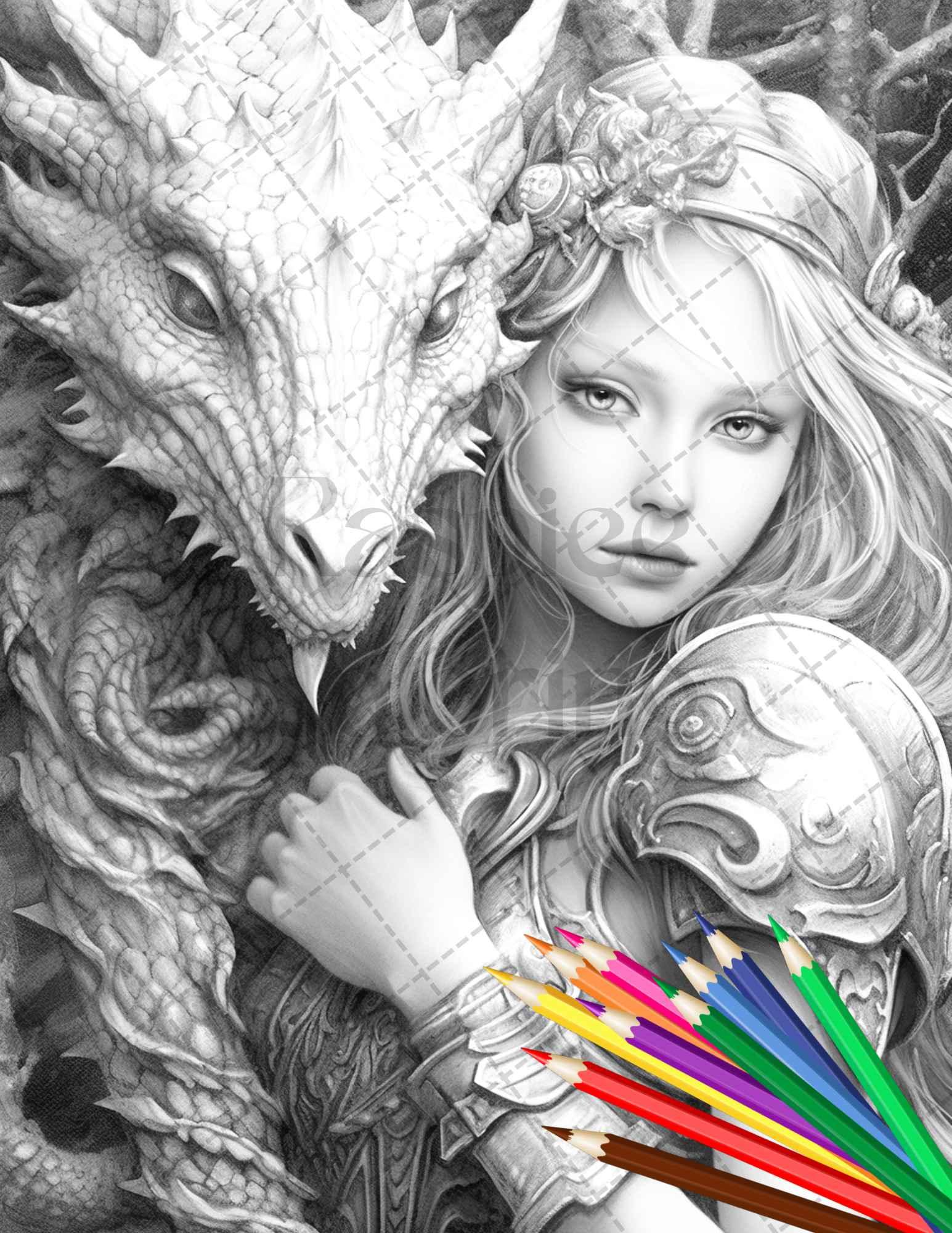 Enchanted Dragon Queens Grayscale Coloring Pages Printable for Adults, PDF File Instant Download