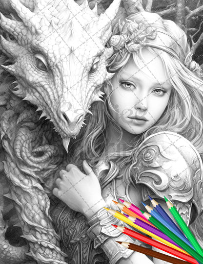 Enchanted Dragon Queens Grayscale Coloring Pages Printable for Adults, PDF File Instant Download