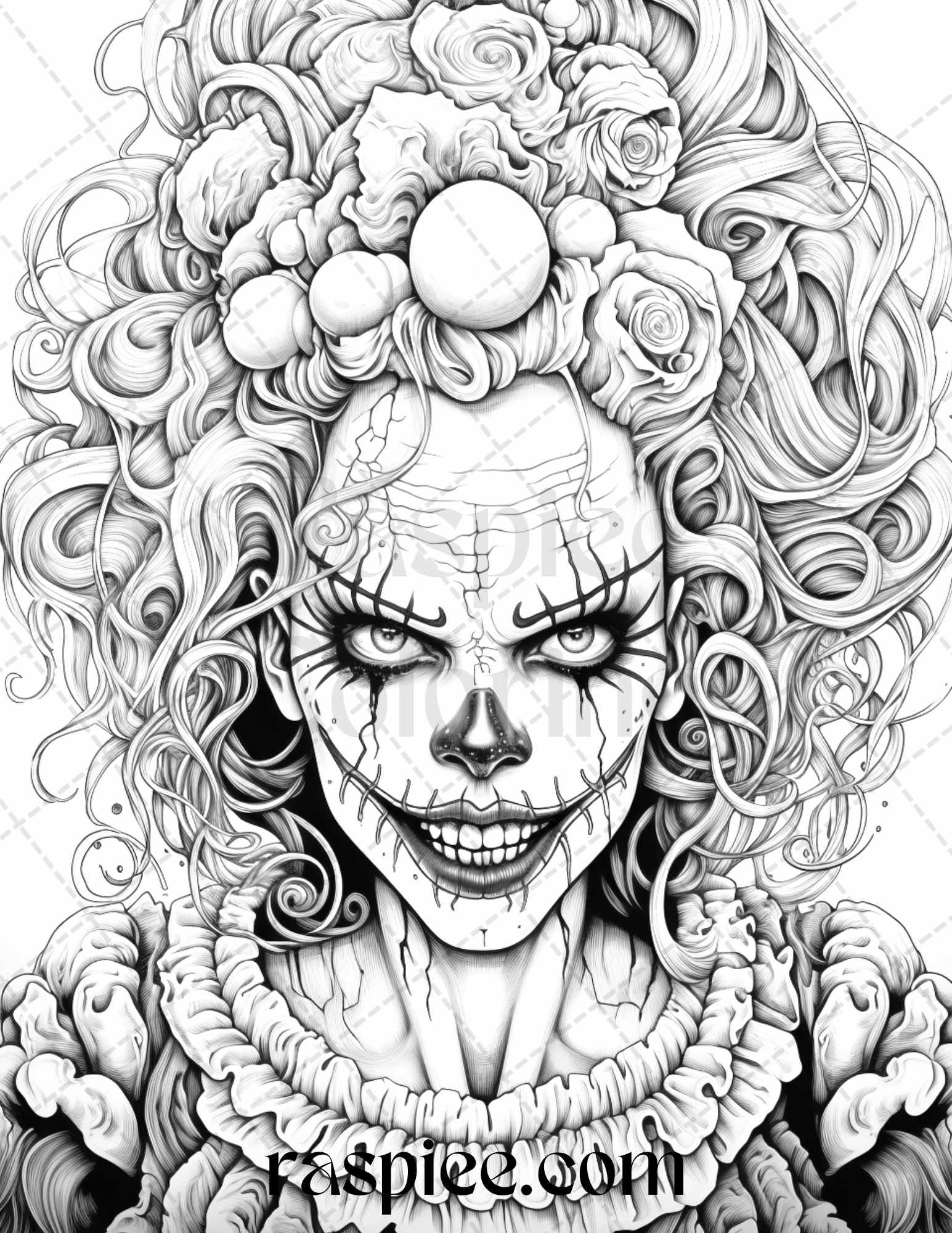 50 Scary Clown Girls Grayscale Coloring Pages Printable for Adults, PDF File Instant Download