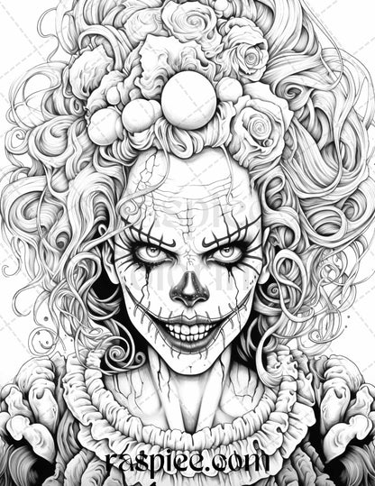 50 Scary Clown Girls Grayscale Coloring Pages Printable for Adults, PDF File Instant Download