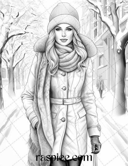 40 Winter Fashion Grayscale Coloring Pages Printable for Adults, PDF File Instant Download