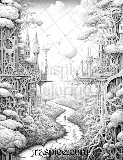60 Enchanting Surrealism Grayscale Coloring Pages Printable for Adults, PDF File Instant Download