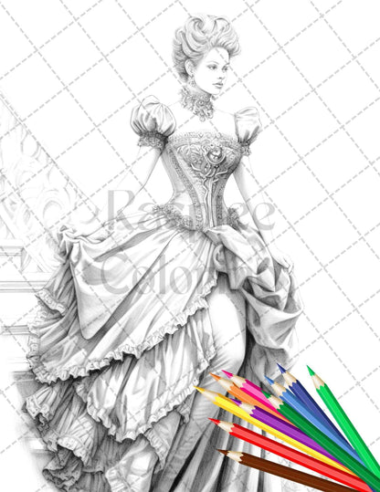 50 Victorian Fashion Grayscale Coloring Pages Printable for Adults, PDF File Instant Download