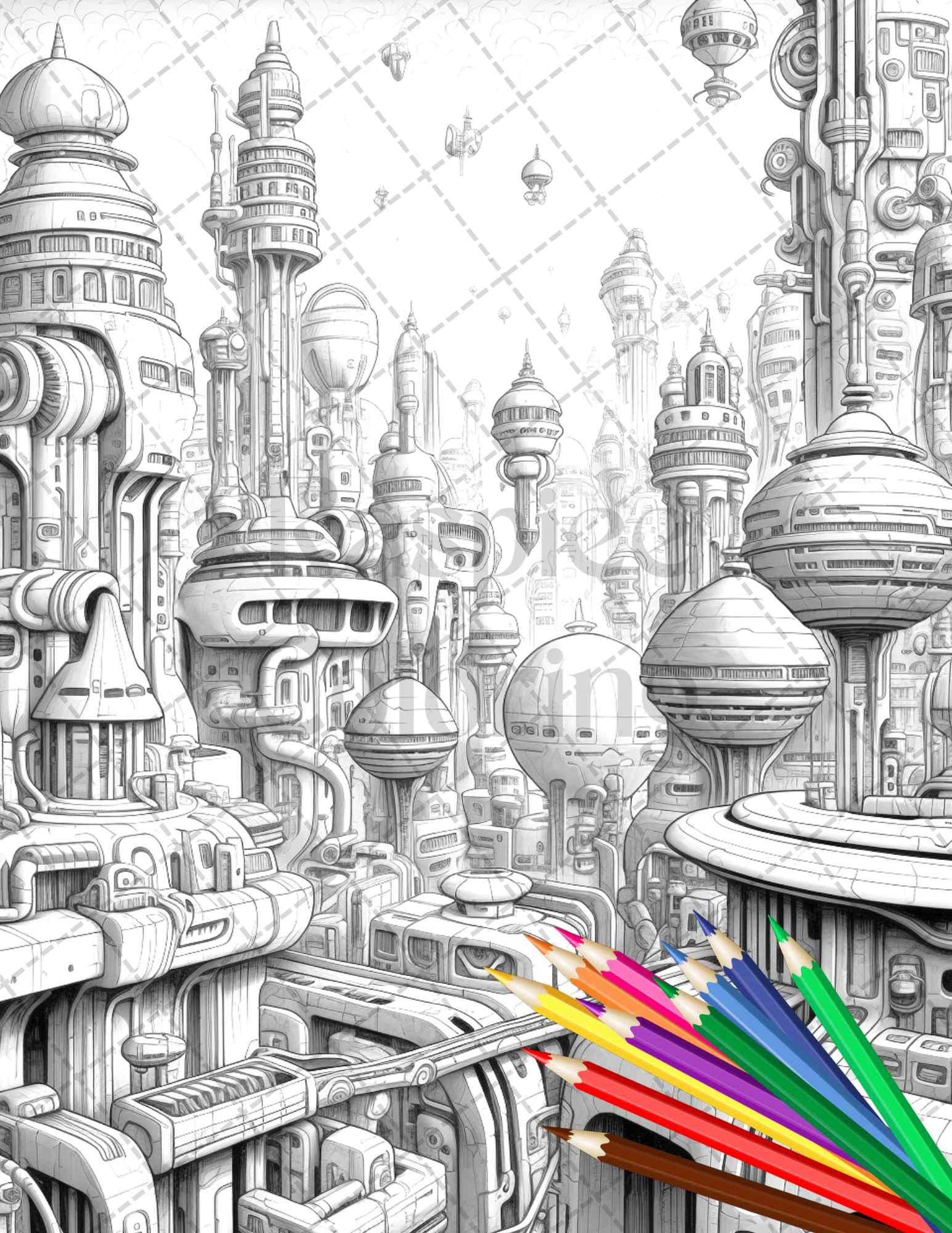 50 Futuristic Metropolis Grayscale Coloring Pages Printable for Adults, PDF File Instant Download