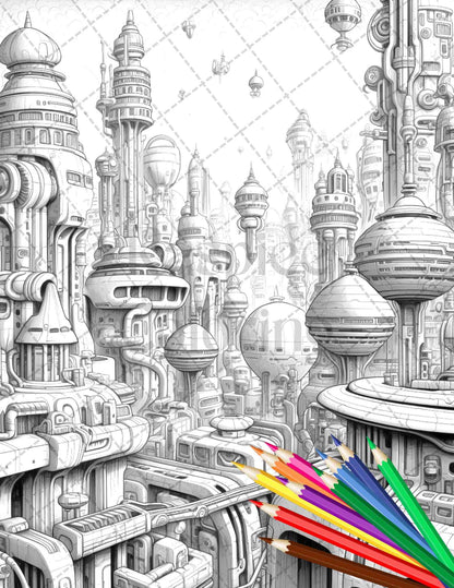 50 Futuristic Metropolis Grayscale Coloring Pages Printable for Adults, PDF File Instant Download