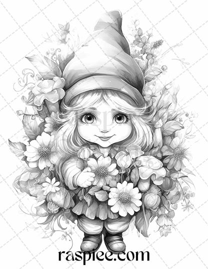 50 Flower Gnomes Grayscale Coloring Pages Printable for Adults Kids, PDF File Instant Download