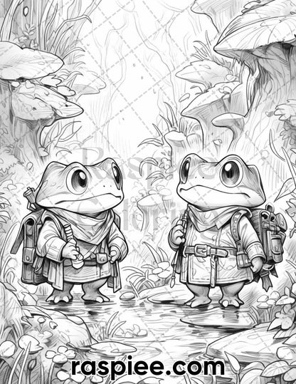 50 The Frog Kingdom Grayscale Coloring Pages for Adults, Printable PDF Instant Download