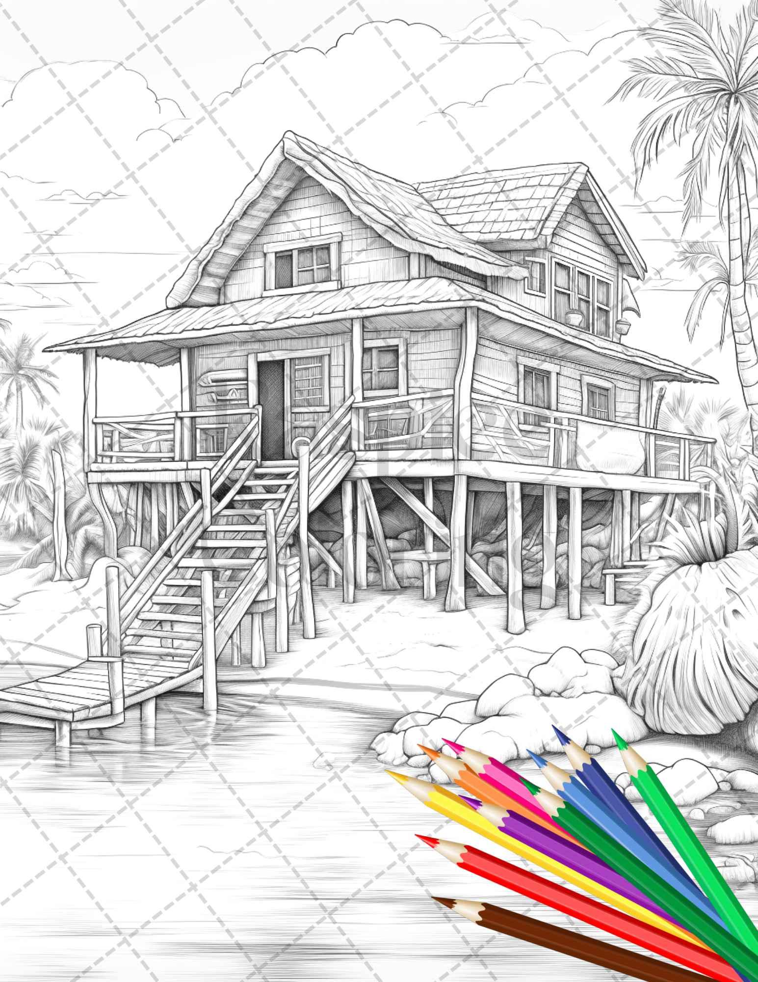 Beautiful Tropical Beach Grayscale Coloring Pages Printable for Adults, PDF File Instant Download