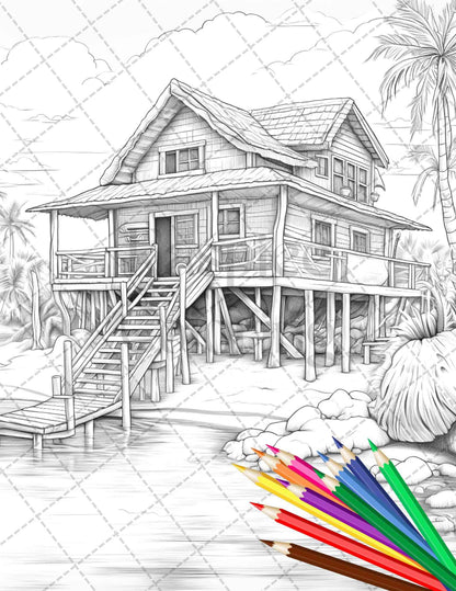 Beautiful Tropical Beach Grayscale Coloring Pages Printable for Adults, PDF File Instant Download