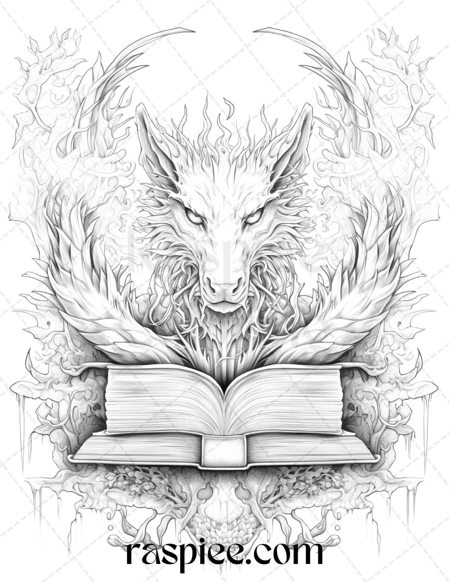 50 Magical Books Grayscale Coloring Pages Printable for Adults, PDF File Instant Download