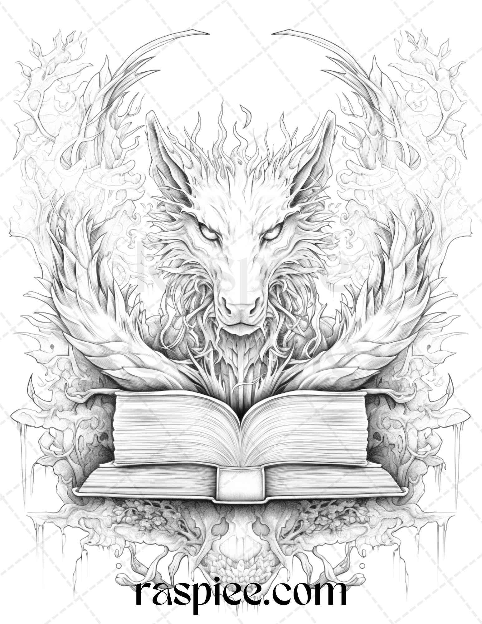50 Magical Books Grayscale Coloring Pages Printable for Adults, PDF File Instant Download