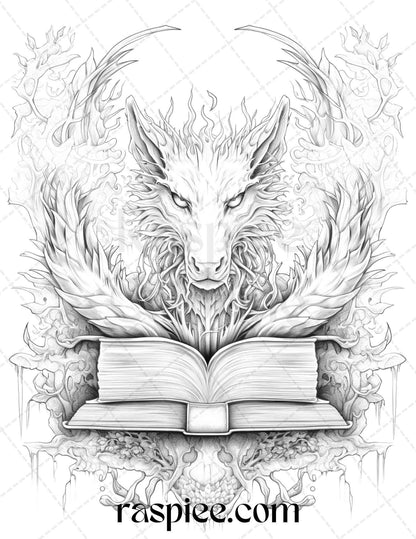 50 Magical Books Grayscale Coloring Pages Printable for Adults, PDF File Instant Download
