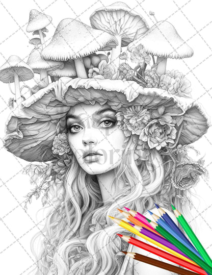 50 Mushroom Fairy Grayscale Coloring Pages Printable for Adults, PDF File Instant Download