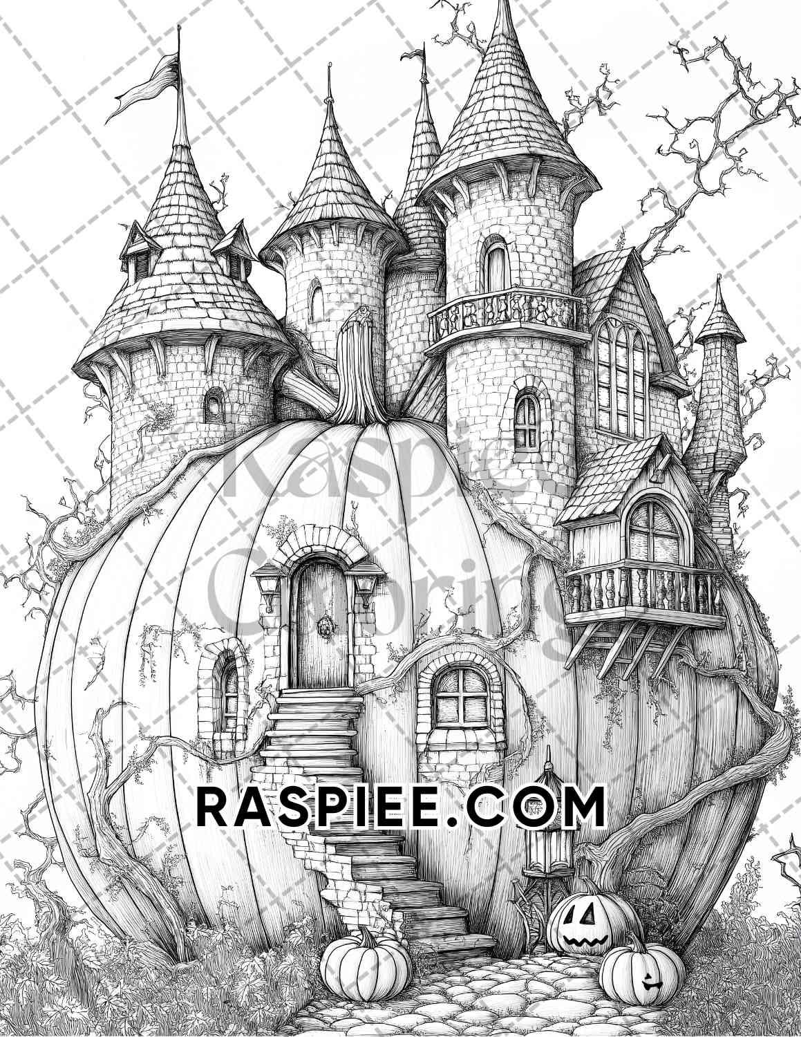 Fantasy Giant Pumpkin Castles Adult Coloring Pages Printable PDF Instant Download