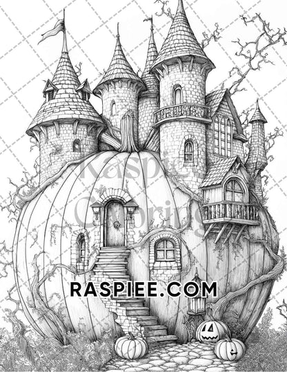 Fantasy Giant Pumpkin Castles Adult Coloring Pages Printable PDF Instant Download