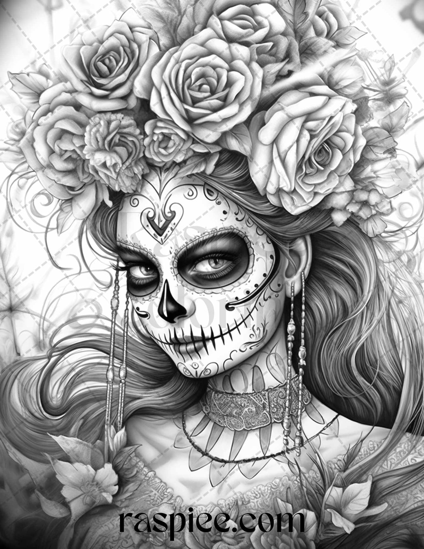 50 Day of the Dead Grayscale Coloring Pages Printable for Adults, PDF File Instant Download