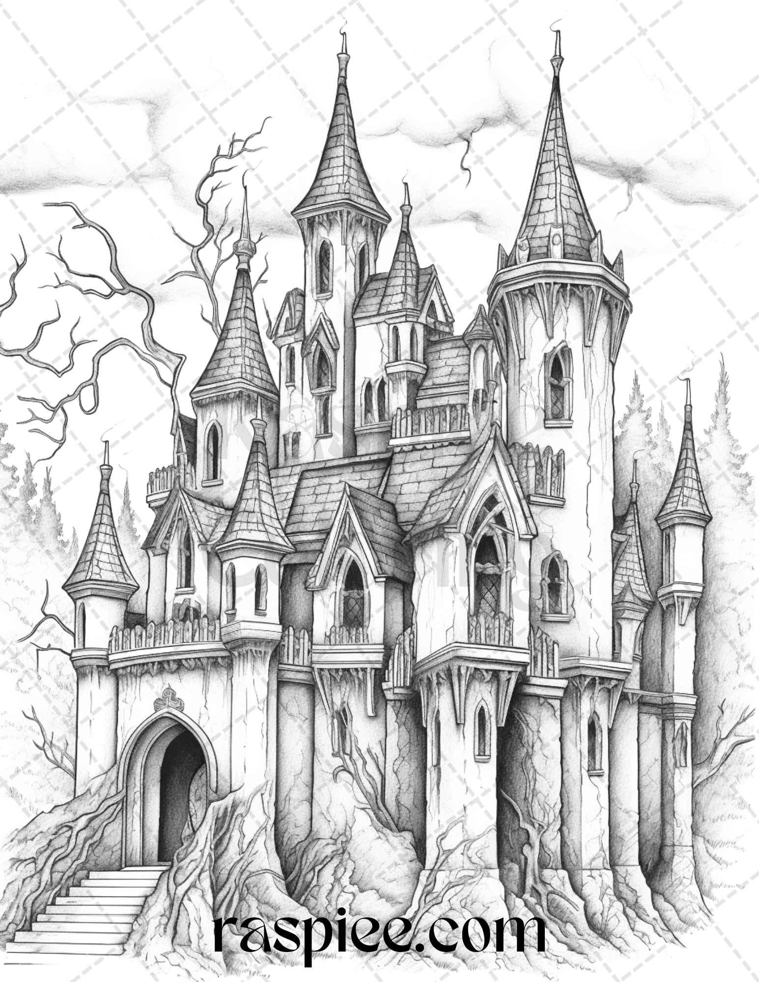 50 Haunted Castles Grayscale Coloring Pages Printable, Halloween Coloring Book, PDF File Instant Download