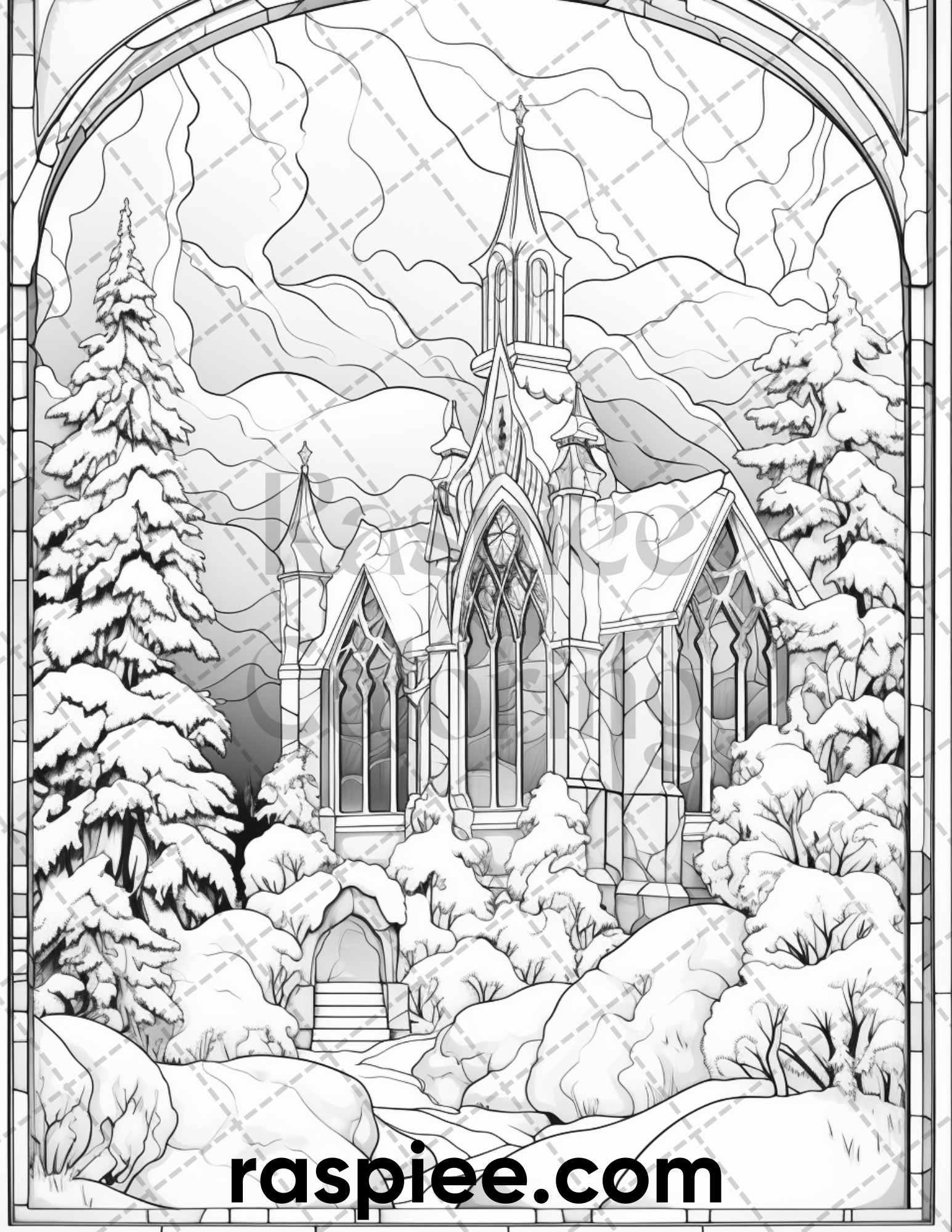50 Christmas Stained Glass Grayscale Coloring Pages for Adults, Printable PDF File Instant Download
