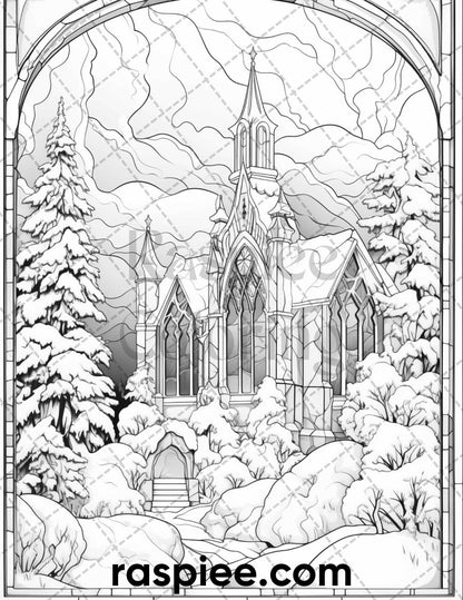 50 Christmas Stained Glass Grayscale Coloring Pages for Adults, Printable PDF File Instant Download