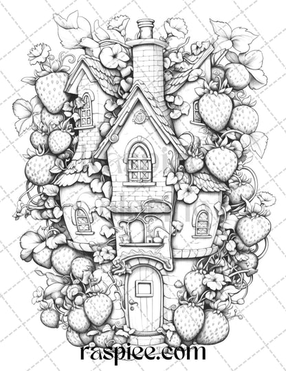 50 Strawberry Houses Grayscale Coloring Pages Printable for Adults Kids, PDF File Instant Download