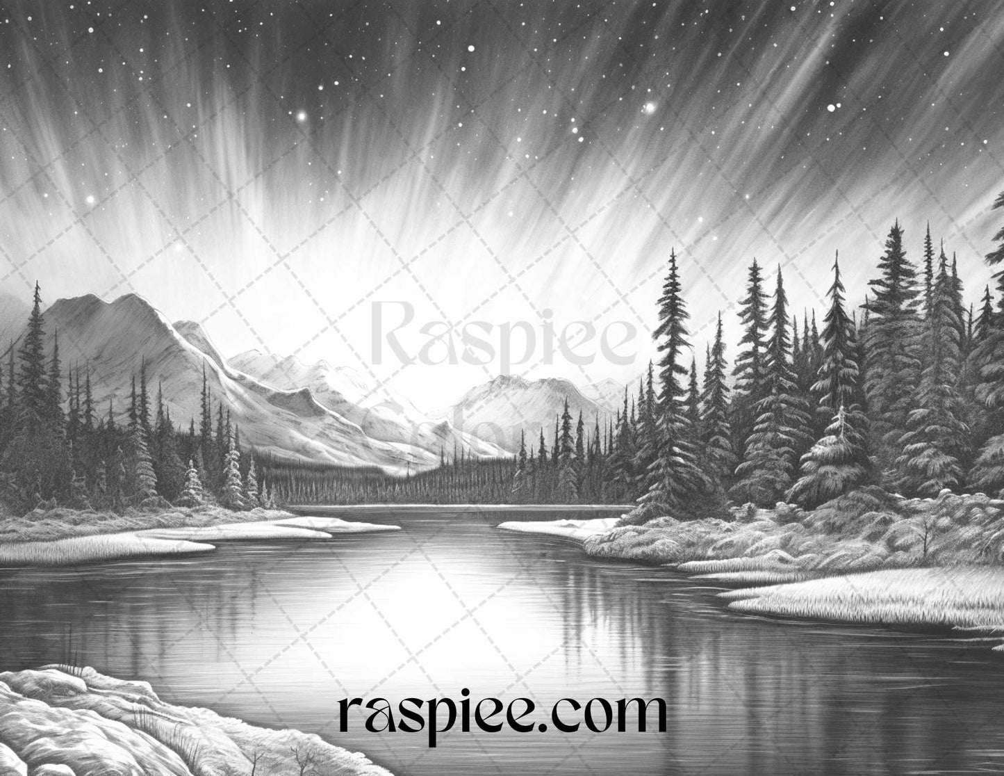Aurora Borealis Landscape Grayscale Coloring Pages for Adults, Printable PDF File Instant Download