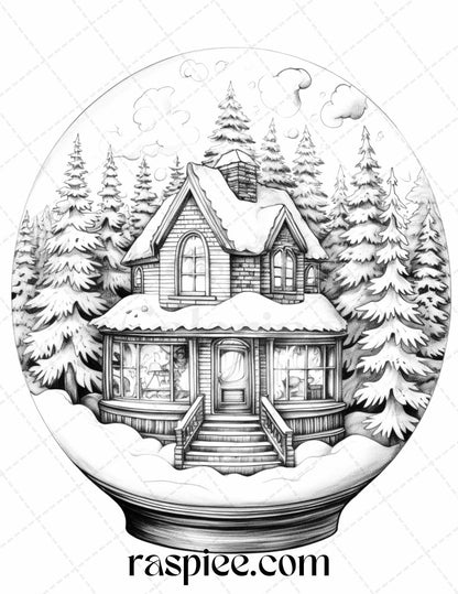 Cozy Cabin in Snow Globe Grayscale Coloring Pages Printable for Adults, PDF File Instant Download