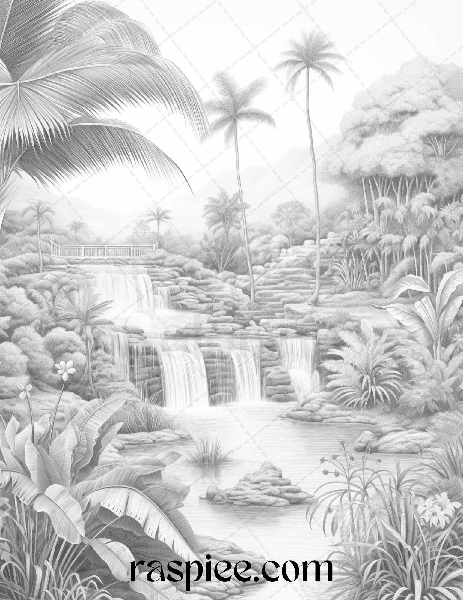 52 Tropical Oasis Grayscale Coloring Pages Printable for Adults, PDF File Instant Download