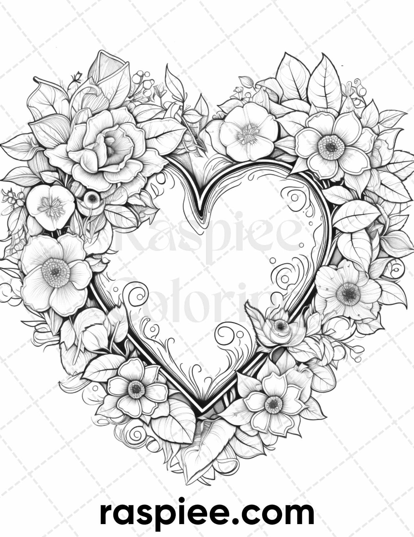 50 Sweet Valentine Grayscale Adult Coloring Pages, Printable PDF Instant Download