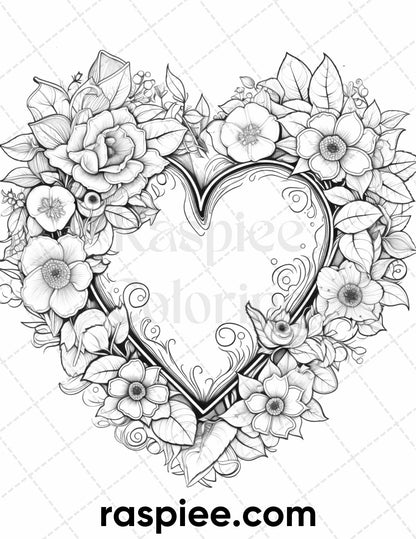 50 Sweet Valentine Grayscale Adult Coloring Pages, Printable PDF Instant Download