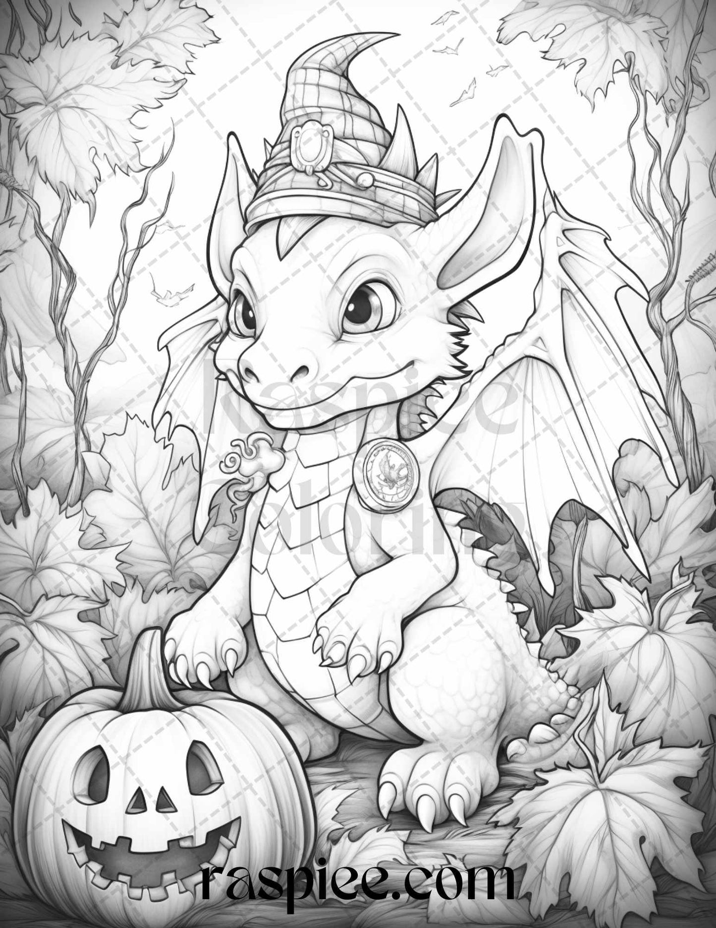 50 Cute Pumpkin Dragons Graycale Coloring Pages for Adults and Kids, Printable PDF File Instant Download