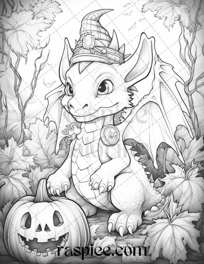 50 Cute Pumpkin Dragons Graycale Coloring Pages for Adults and Kids, Printable PDF File Instant Download