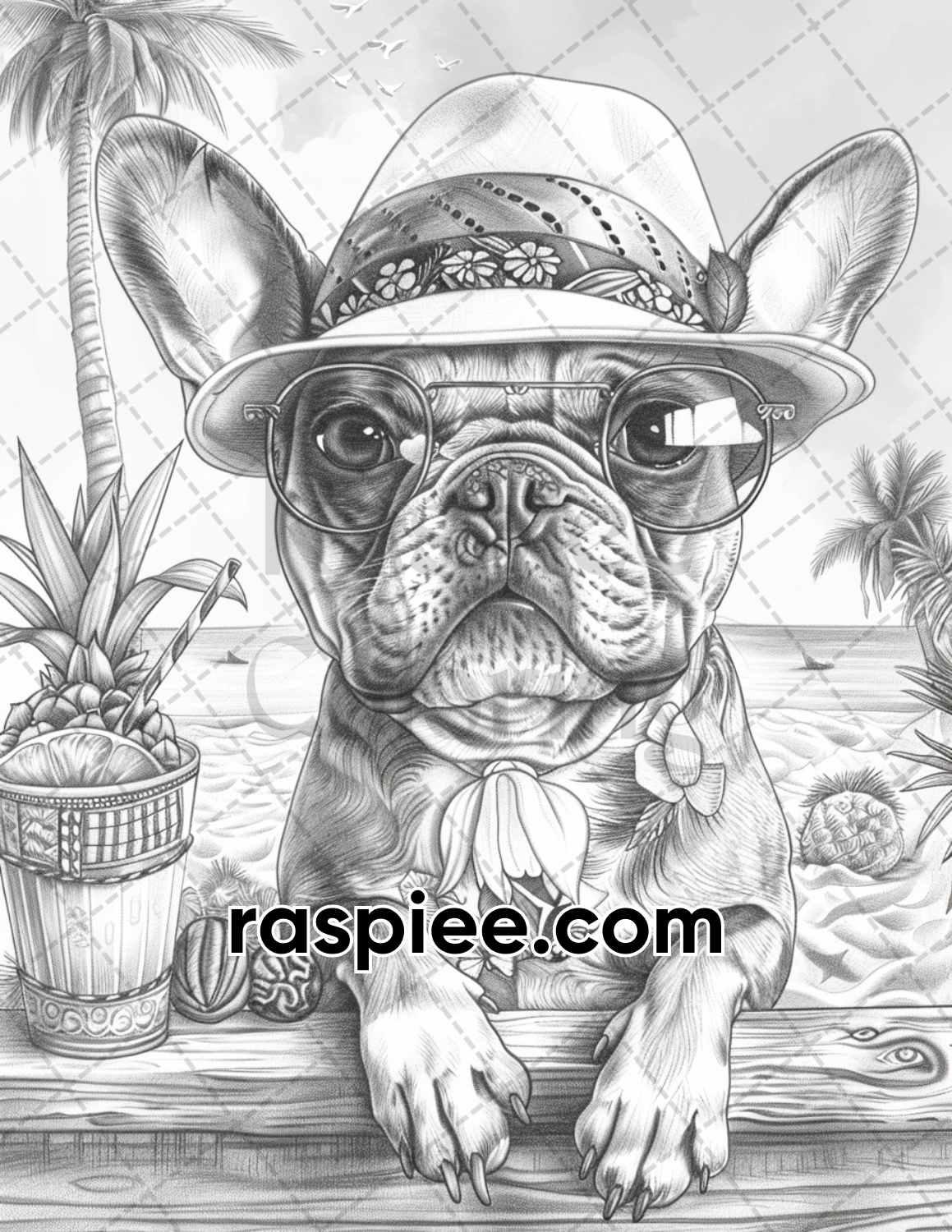 90 Summer Dogs Grayscale Adult Coloring Pages, Printable PDF Instant Download